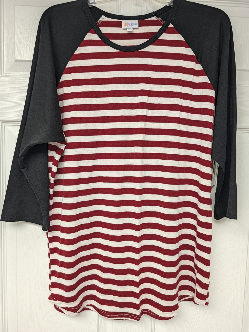 LuLaRoe Red & White Striped Raglan Long Sleeve Tee with Black Sleeves